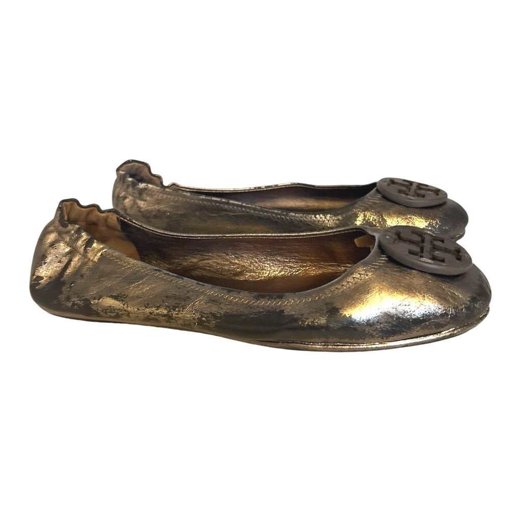 Tory Burch Minnie Leather Ballet Flats 8 Pewter Grey Metallic Logo Luxury - Picture 6 of 10